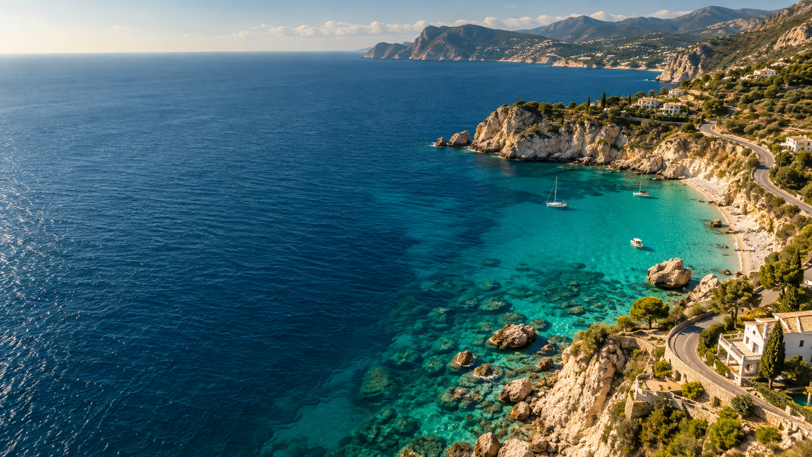 Sunlit coastline and a turquoise bay